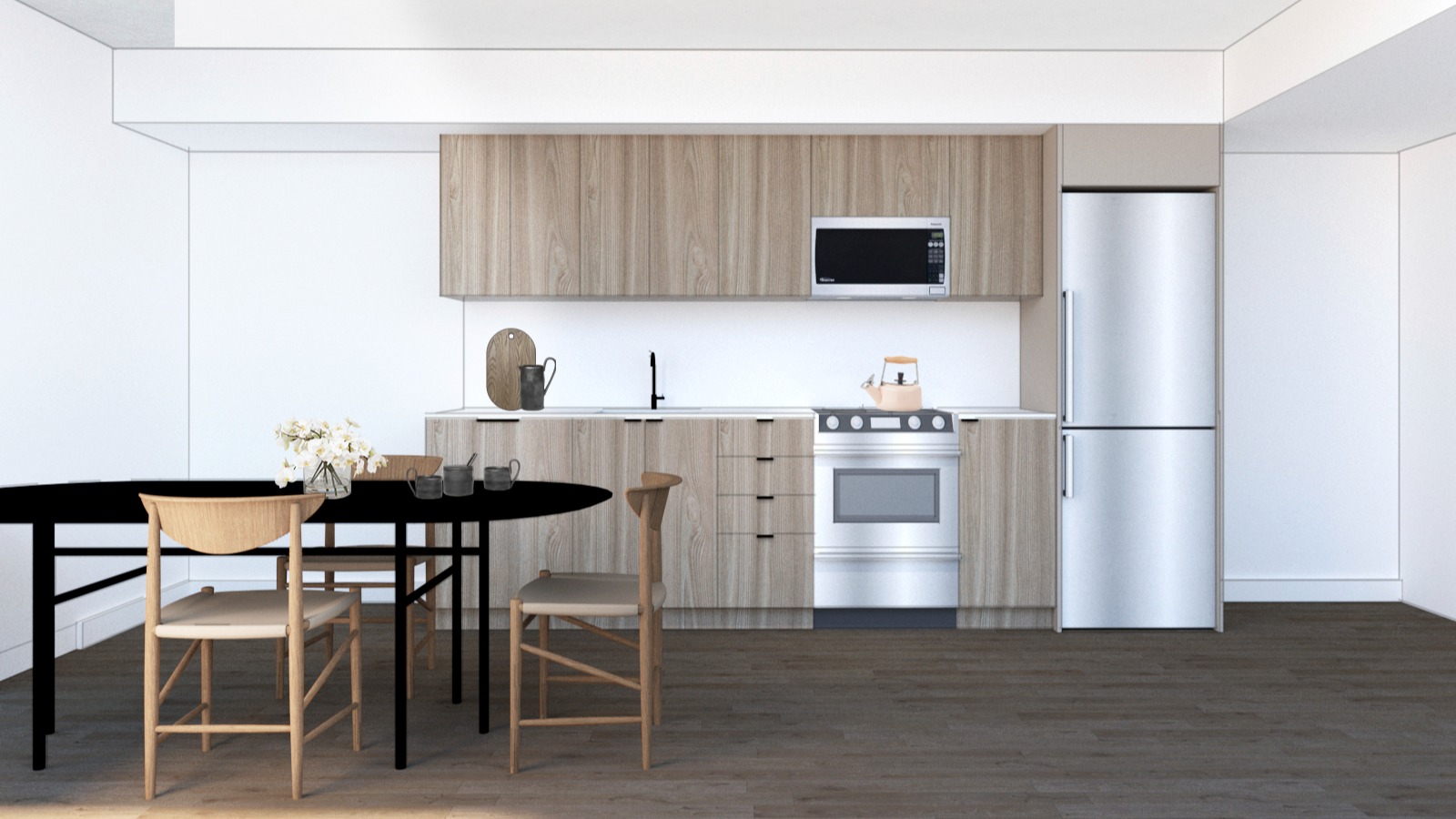 Rendering of kitchen with table and built in cabinetry and appliances